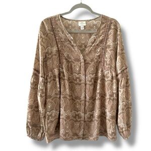 St. John's Bay Brown Paisley Long Sleeve Tunic Top Women's Size XL Boho Hippie